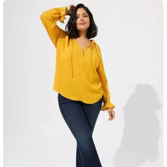 torrid Tops - Torrid Mustard Gauze Peasant High Neck Tie Flounce Sleeve Striped Plus Size 2X